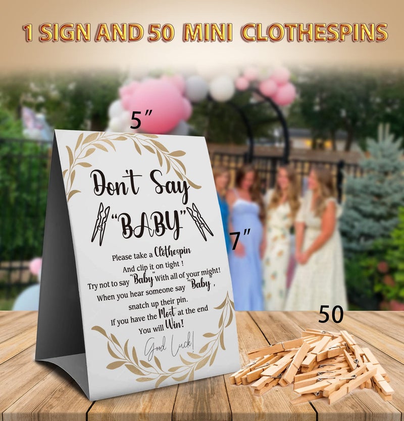 Muruseni Don't Say Baby Clothespin Games Sign(1 Sign + 50 Mini Clothespins), Baby Shower Games, Golden Leaf,Gender Neutral Baby Shower (1D) - Image 2